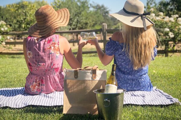Two women relax on the grass, each holding a wine glass, sharing a moment together.