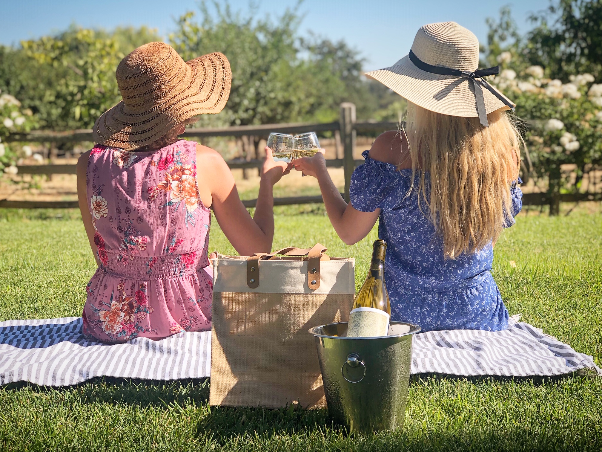 Two women relax on the grass, each holding a wine glass, sharing a moment together.