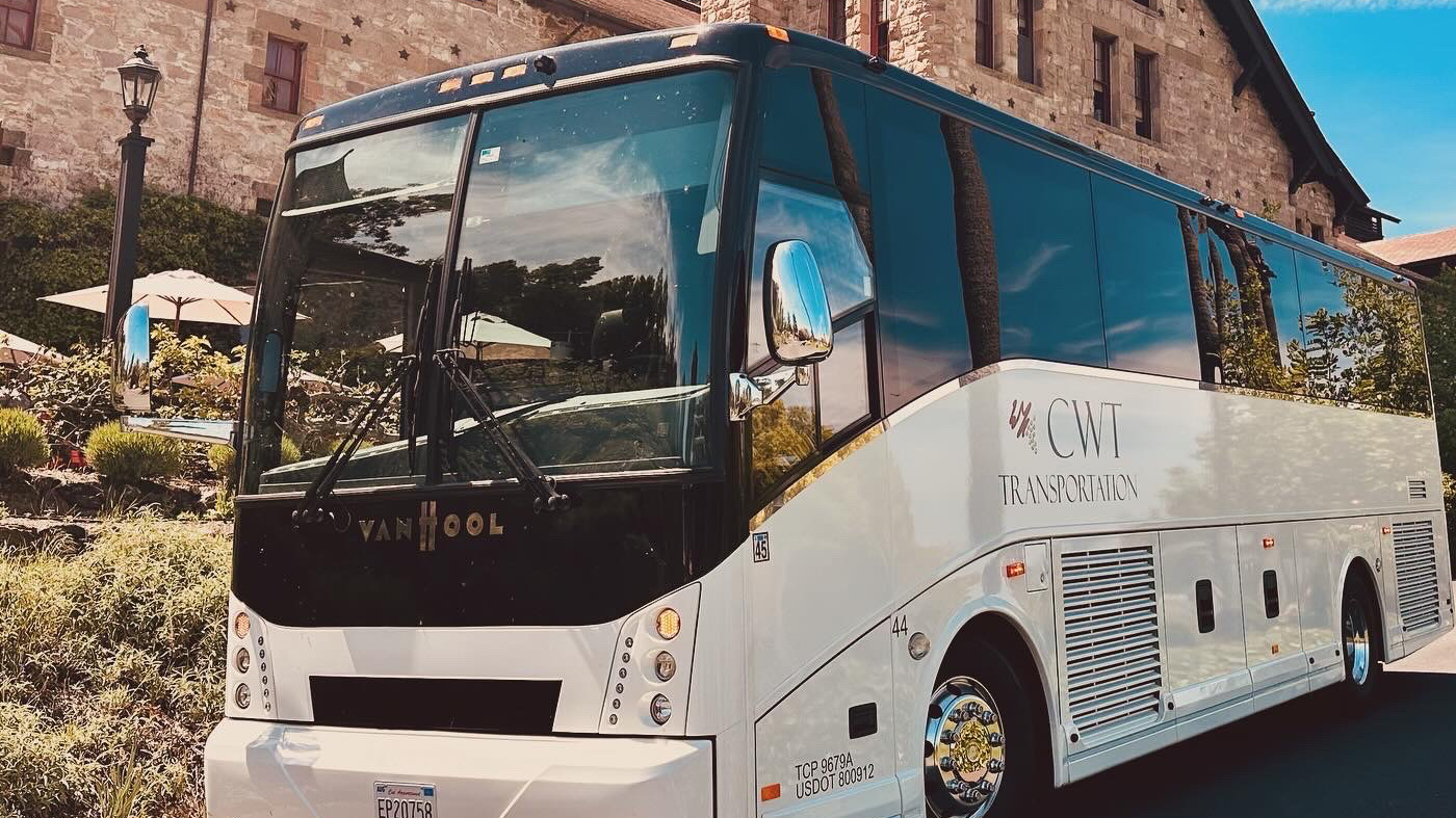 large motor coach in front of winery