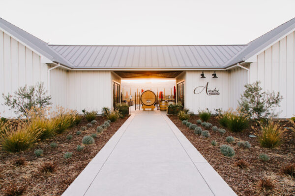 Winery entrance with a prominent sign displaying the word "chateau" surrounded by lush greenery