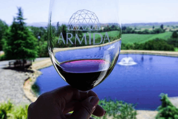 holding wine glass in front of pond at arminda