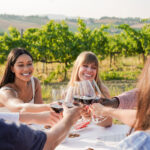 friends cheers-ing their wine glasses at a table in vineyard