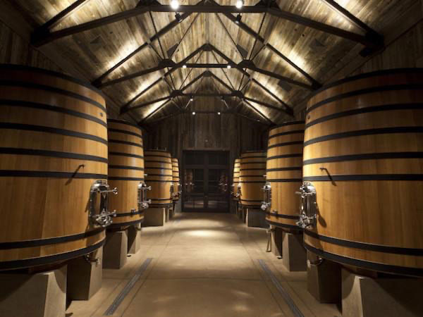 inside a winery room with large barrels