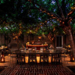 courtyard dining in scenic courtyard with trees and pretty lights