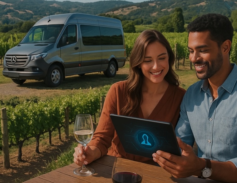 couple on device looking at AI search results while enjoying wine tour